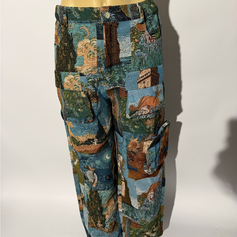 Blue Multicolor Patchwork Print Men's Pants